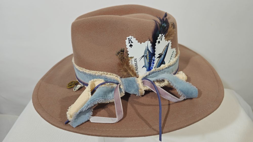 The Gambler's Tide — tan wide-brim hat with playing card and marine imagery
