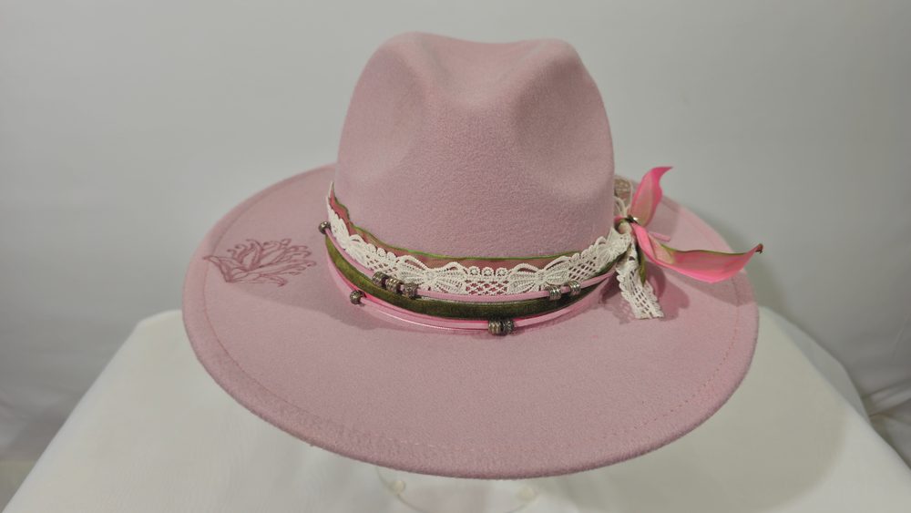Lotus Veil — dusty pink wide-brim hat with a subtle lotus motif and lace