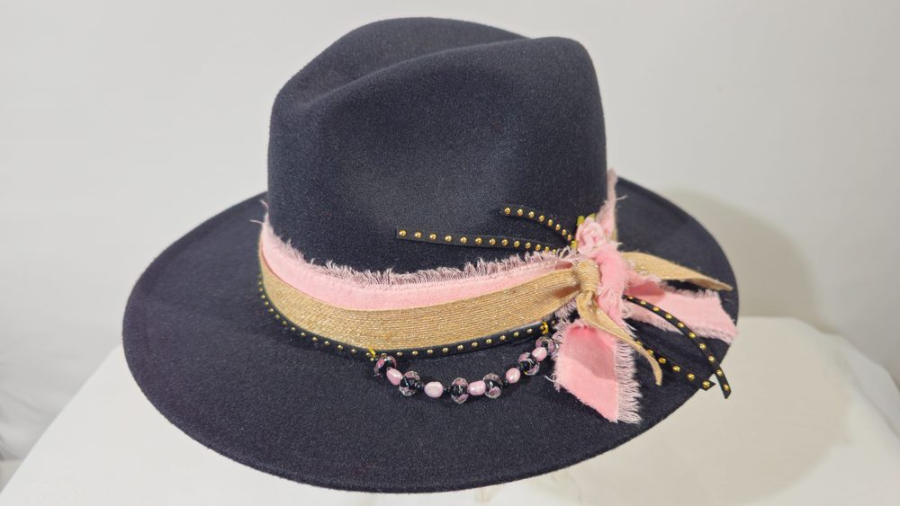 Nocturne Rose — black wide-brim hat with blush pink and gold trim